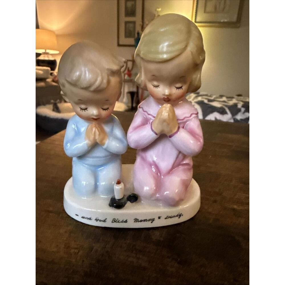 Vintage Napco 1956 Signed With Original Label Boy And Girl Praying